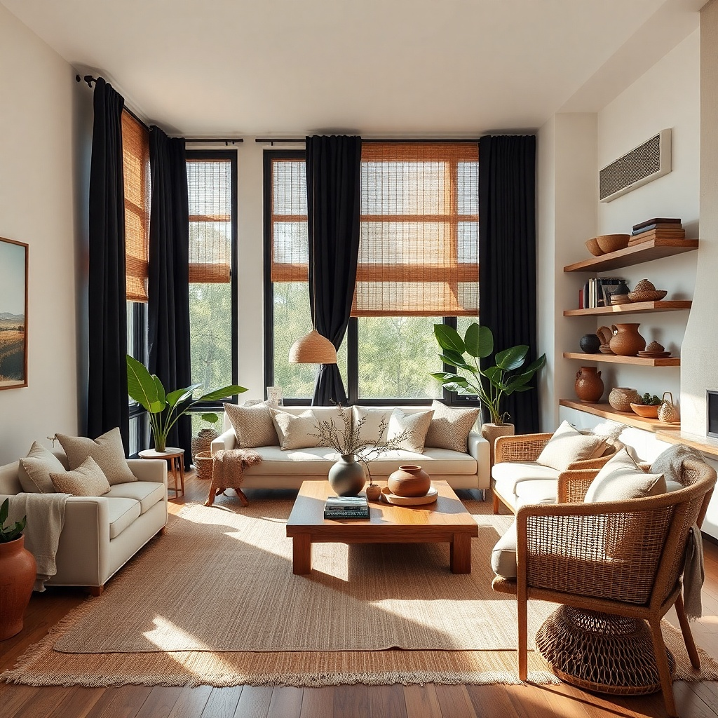 Black curtains layered with woven bamboo shades in a cozy living room