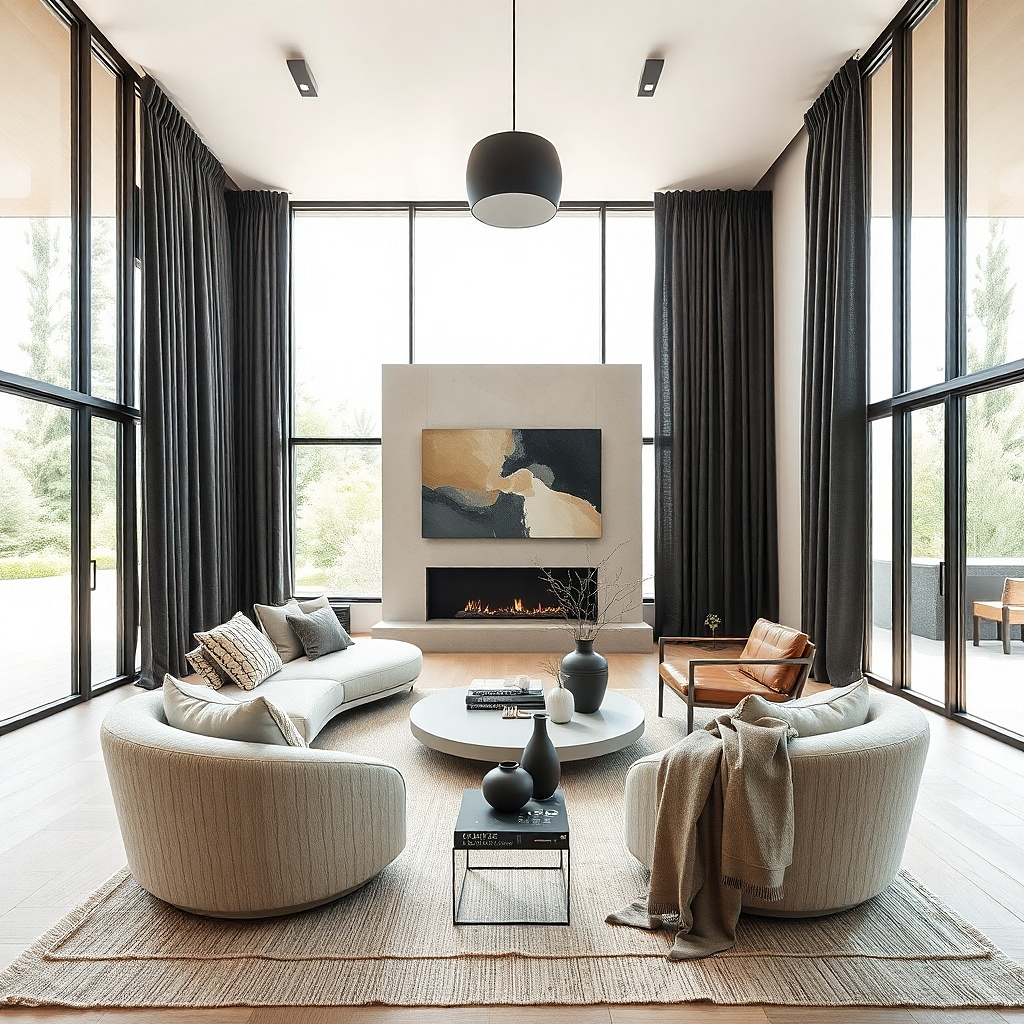 Black curtains around a black-framed window with cream seating