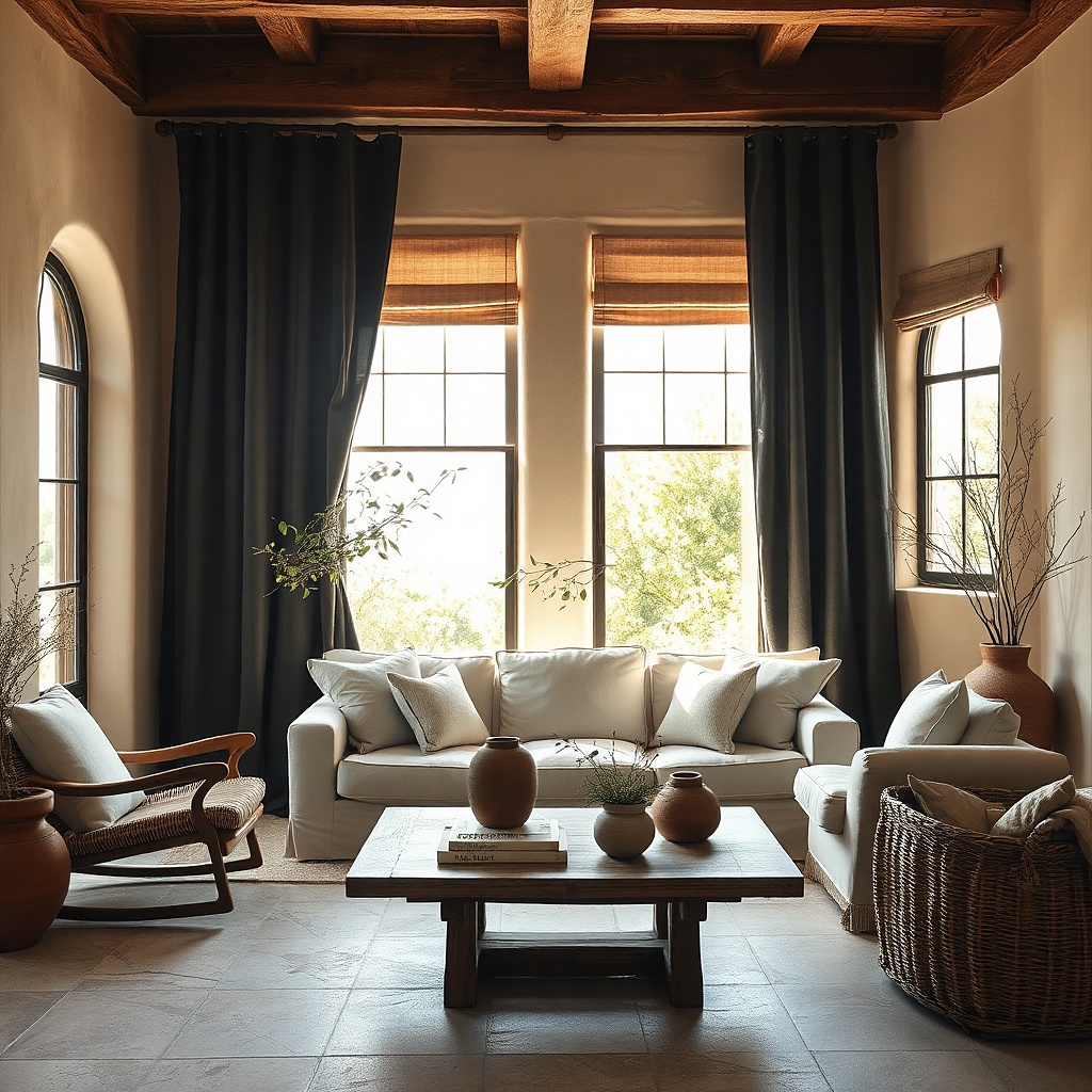 Black tab-top curtains against soft limewashed walls in a casual living room