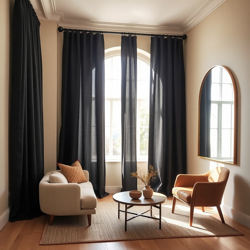 Black curtain panels in a small living room with a large wall mirror