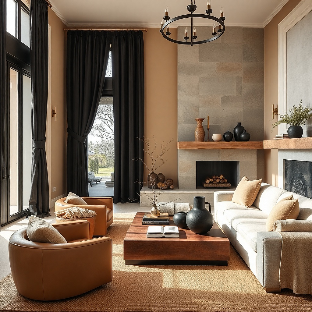Black curtains beside a stone fireplace with off-white boucle chairs