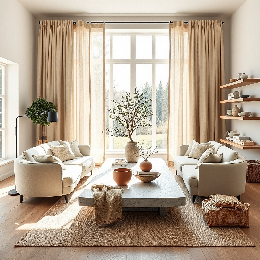 Camel linen curtains on a black rod in a cream living room