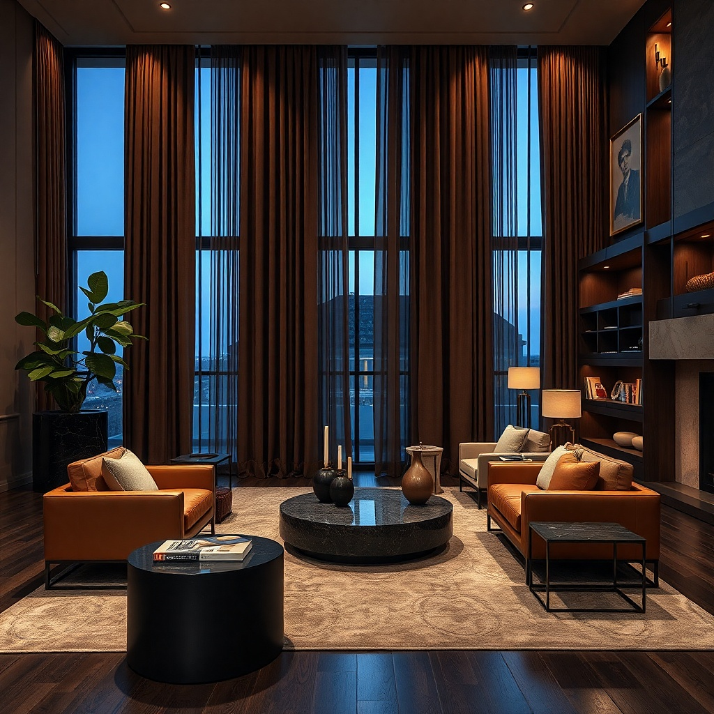 Chocolate velvet curtains beside a beige sofa and brass lamp
