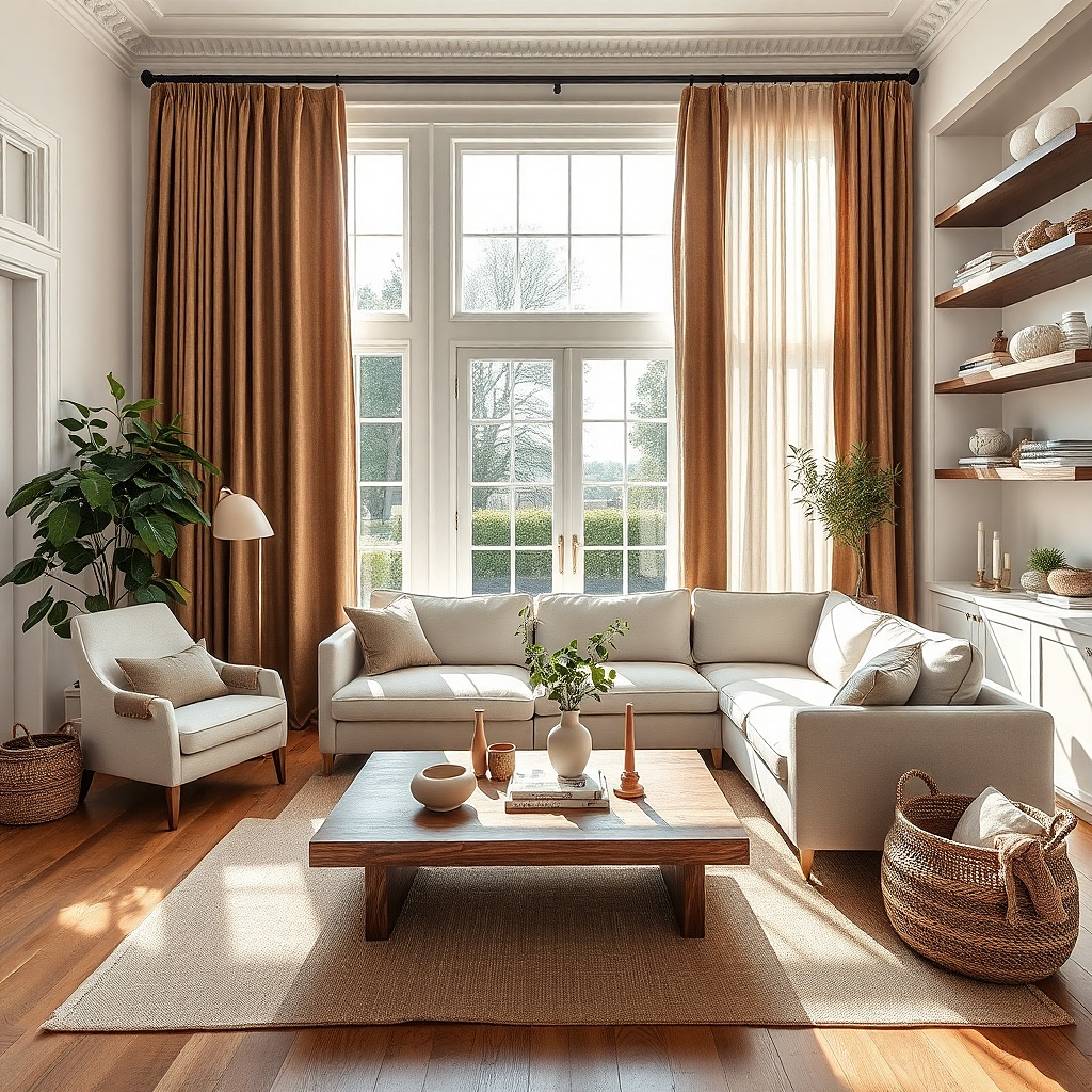 Tobacco brown curtains layered over ivory sheers