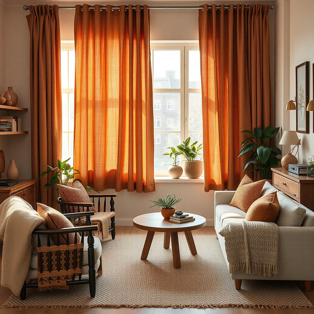 Cinnamon brown curtains in a small apartment living room