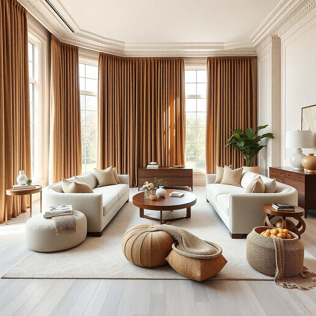 Chestnut pinch-pleat curtains in a greige living room