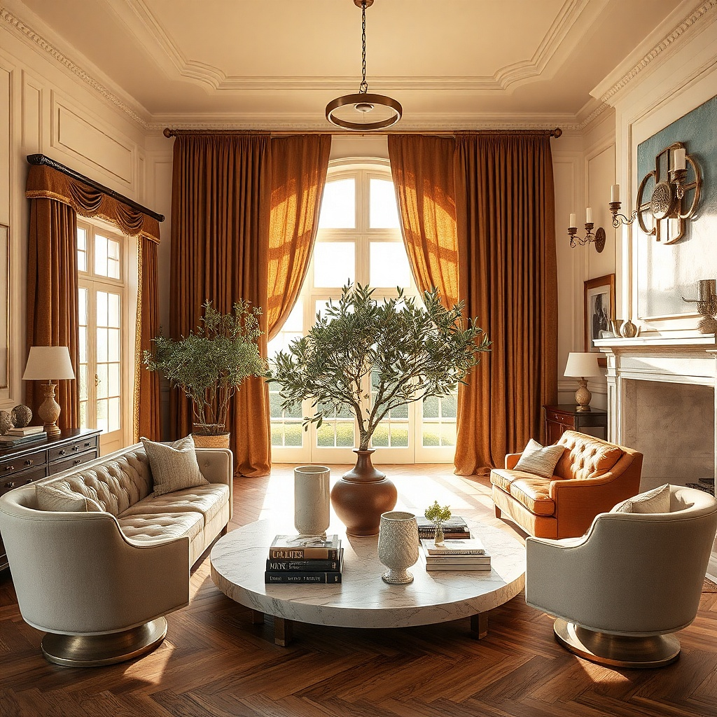 Walnut brown curtains on a brass rod in a warm living room
