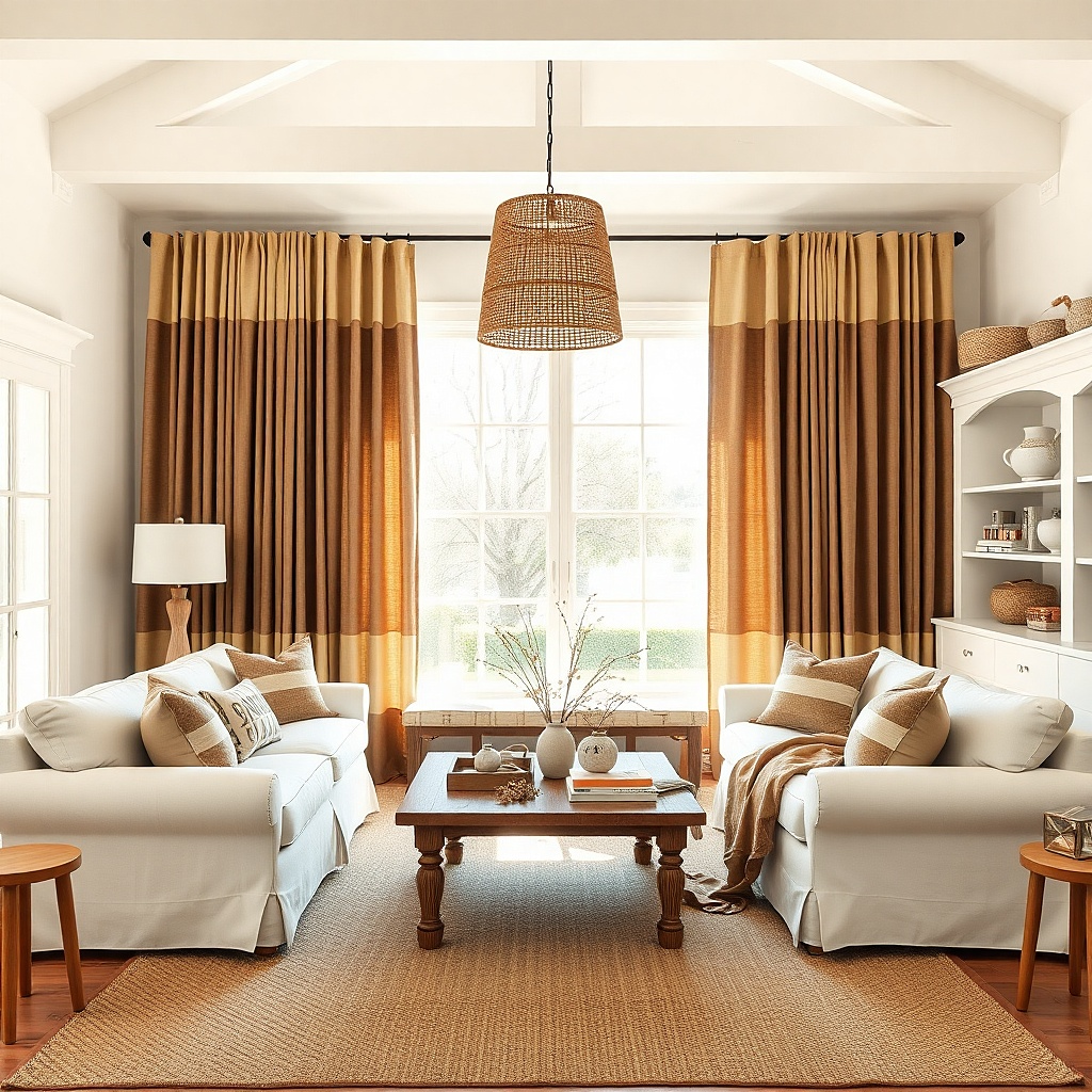Brown and cream striped curtains in a bright living room