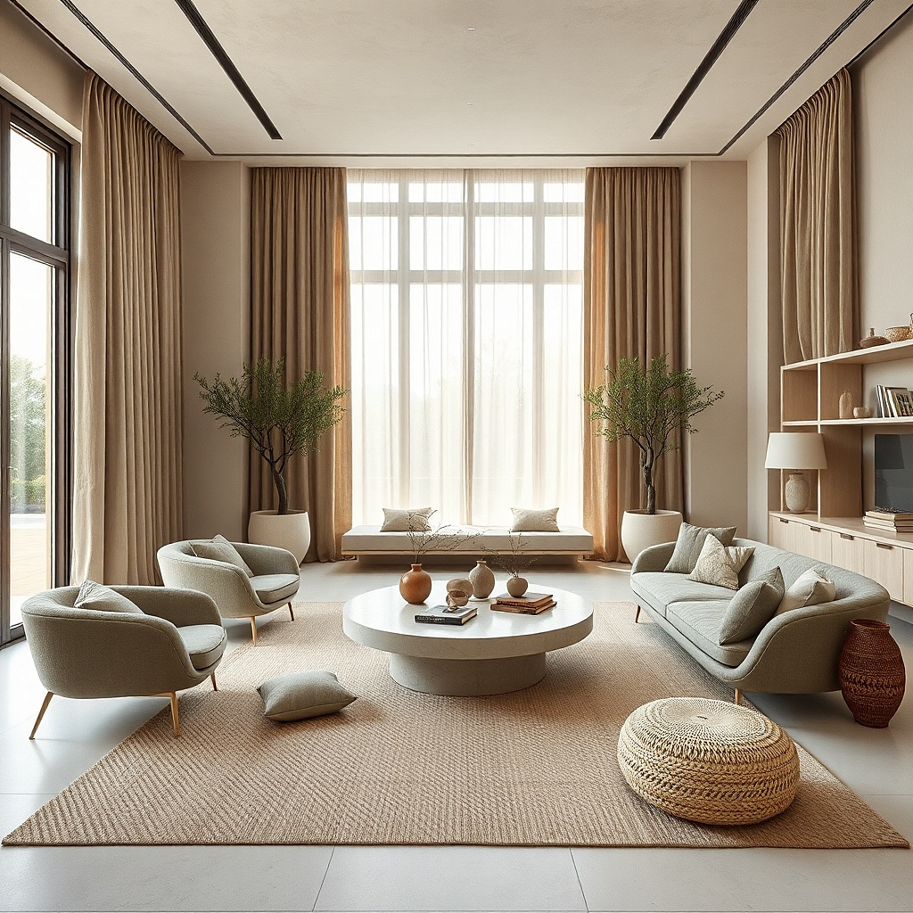 Soft taupe-brown curtains in a layered neutral living room