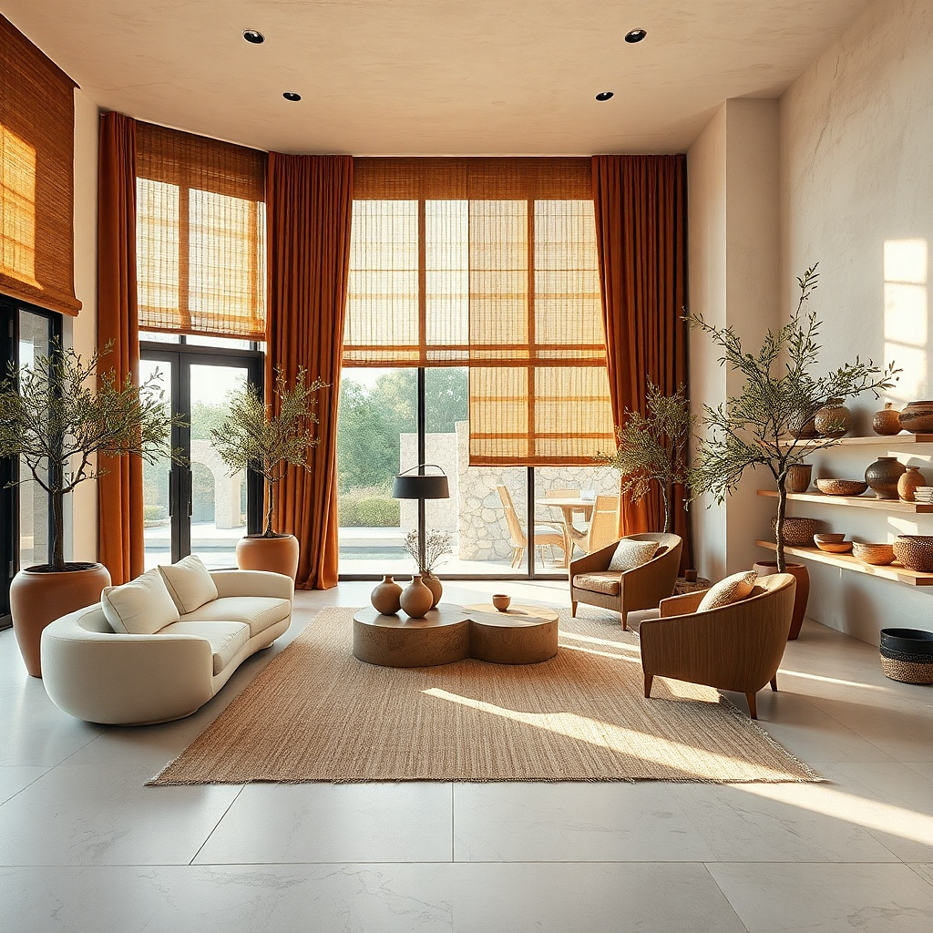 Rust-brown curtains layered with woven wood shades