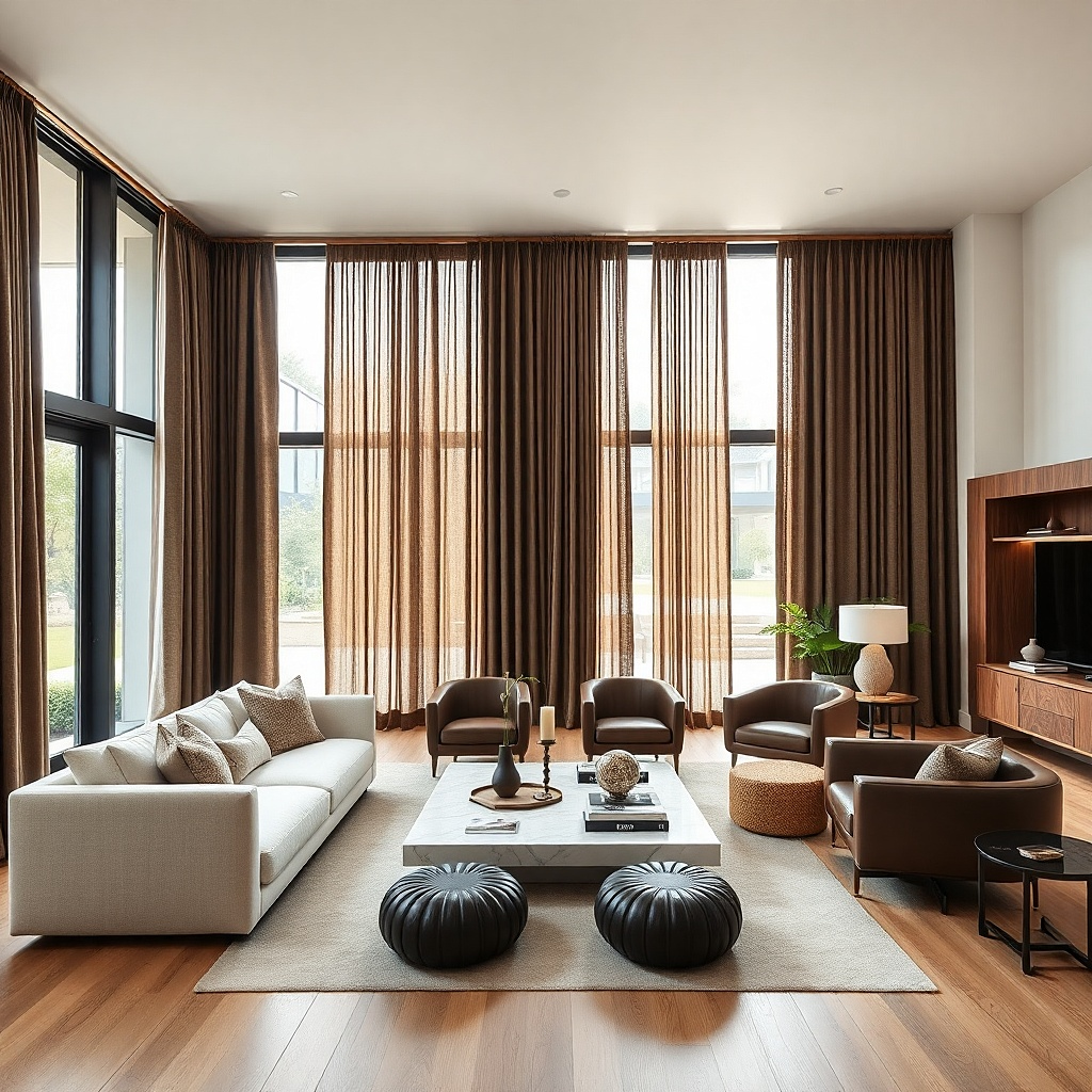 Dark brown curtains hung wide across an entire wall