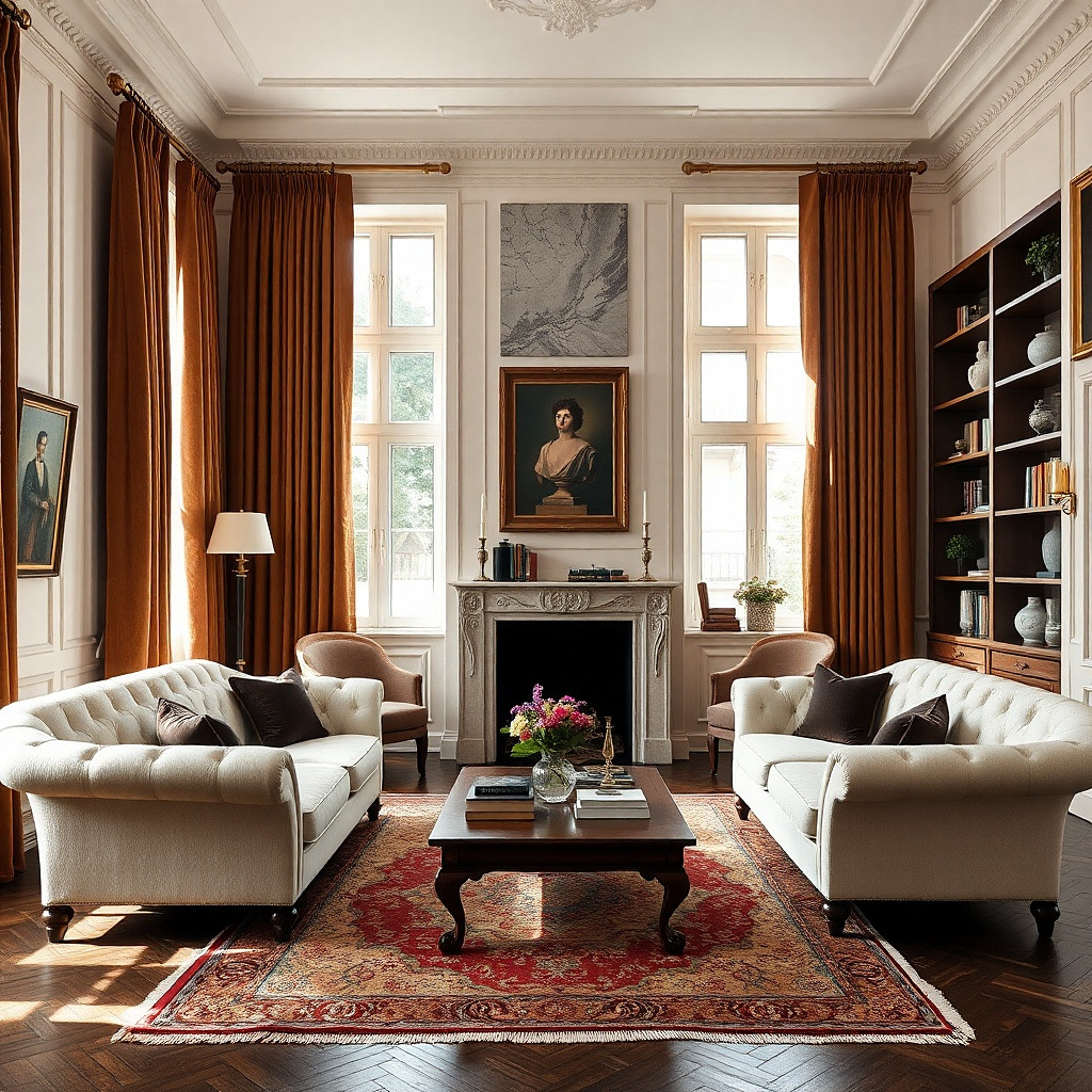 Brown drapes puddle in a formal living room
