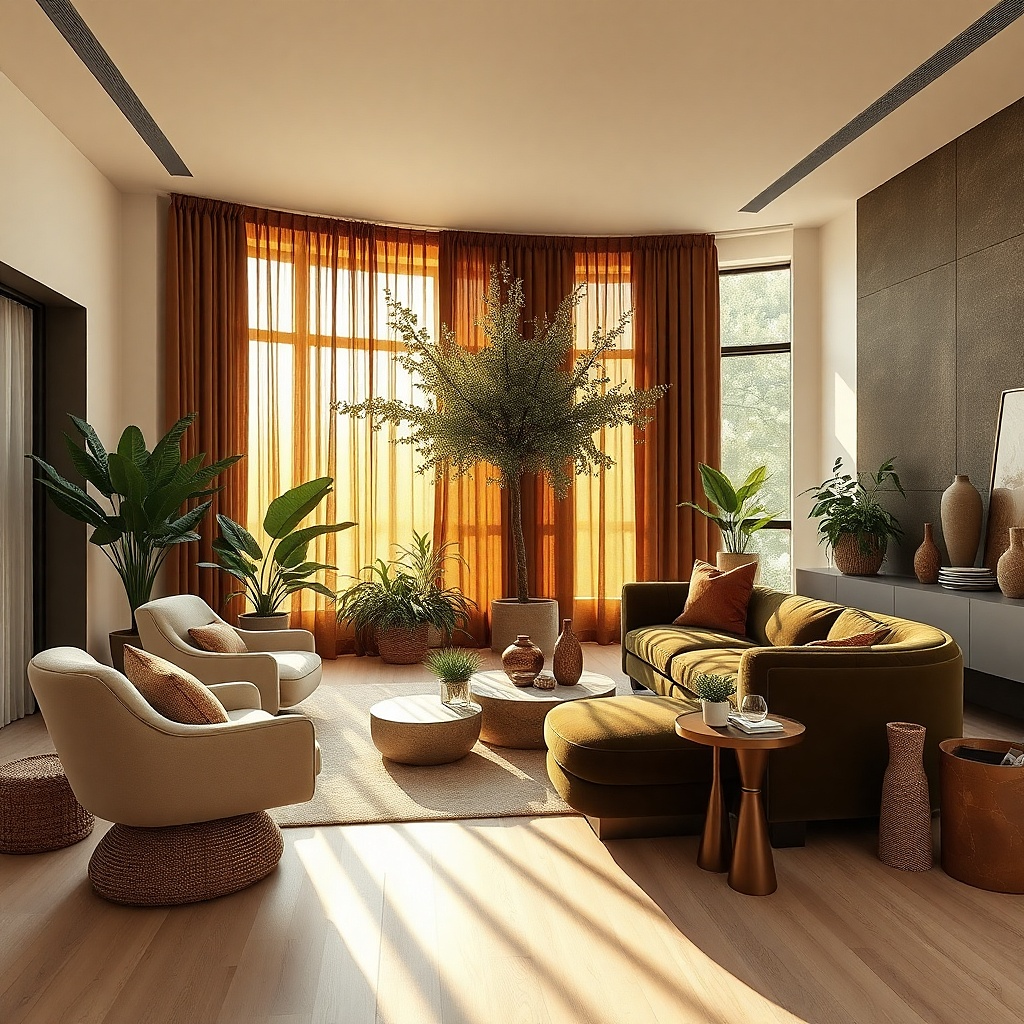 Cocoa brown curtains with olive pillows and wood furniture
