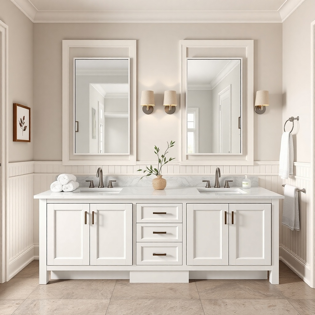 White shaker double vanity with brushed nickel pulls and two sinks