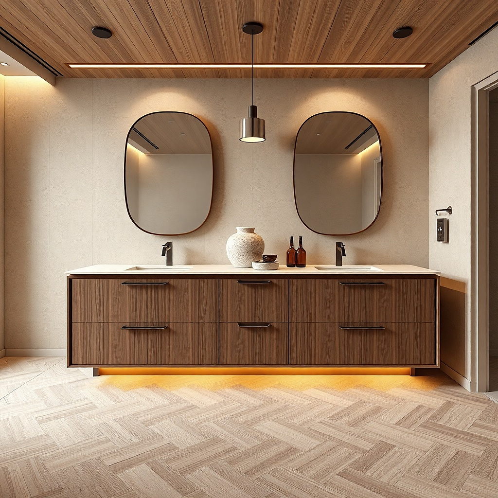 Walnut veneer double vanity with a light stone countertop and two faucets