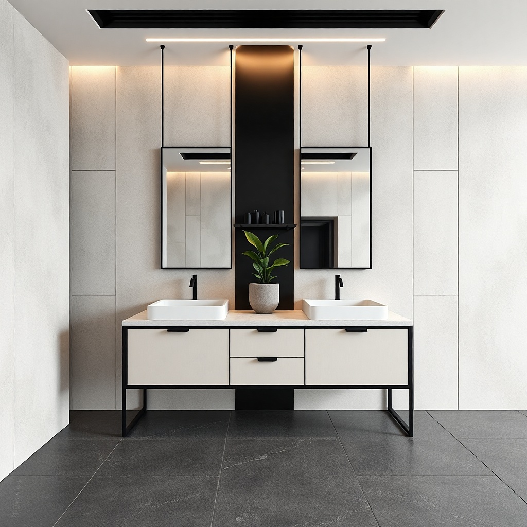 Matte black-framed double vanity with light drawers and two sinks
