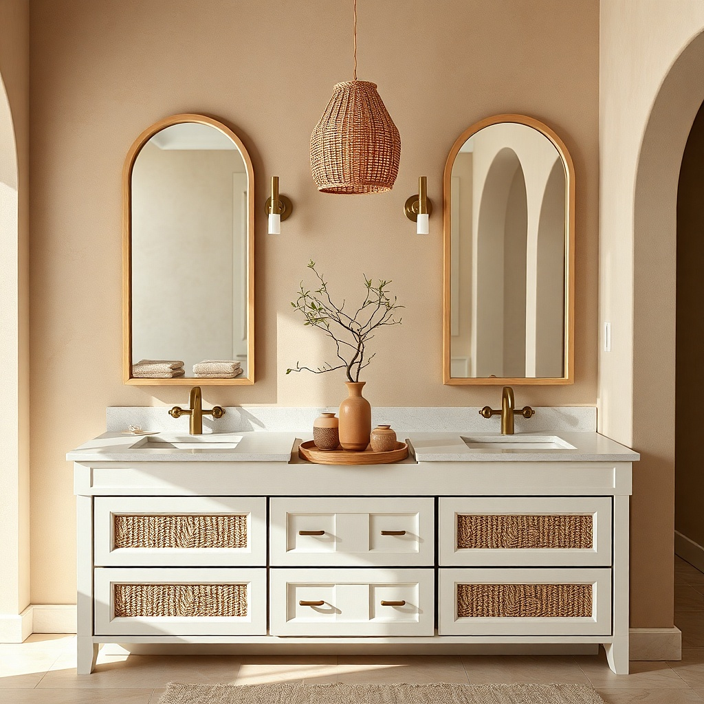 Double vanity with rattan cabinet inserts and light countertop