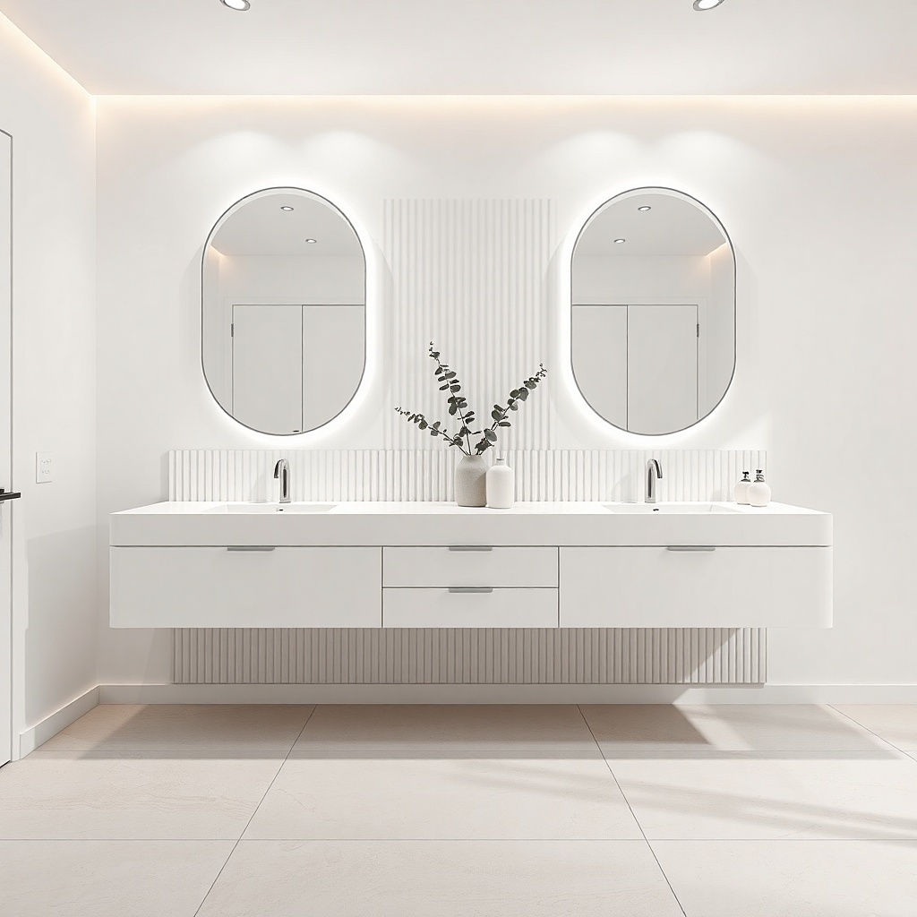 Linen white flat-panel double vanity with undermount sinks and two faucets