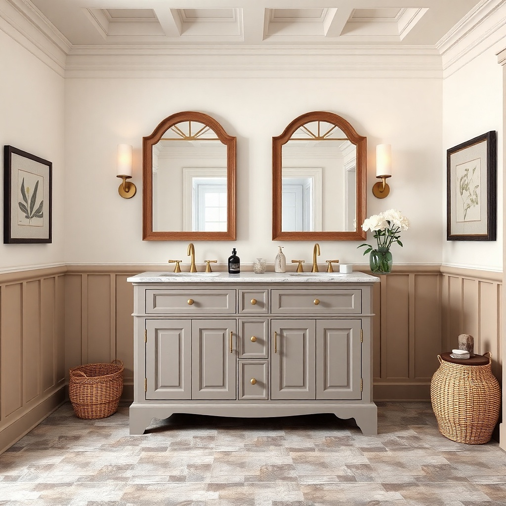 Greige double vanity with faux marble laminate countertop and chrome faucets