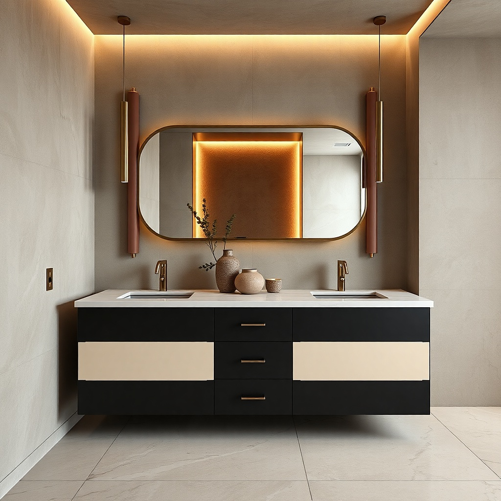 Dark lower cabinets with light upper drawers on a double vanity