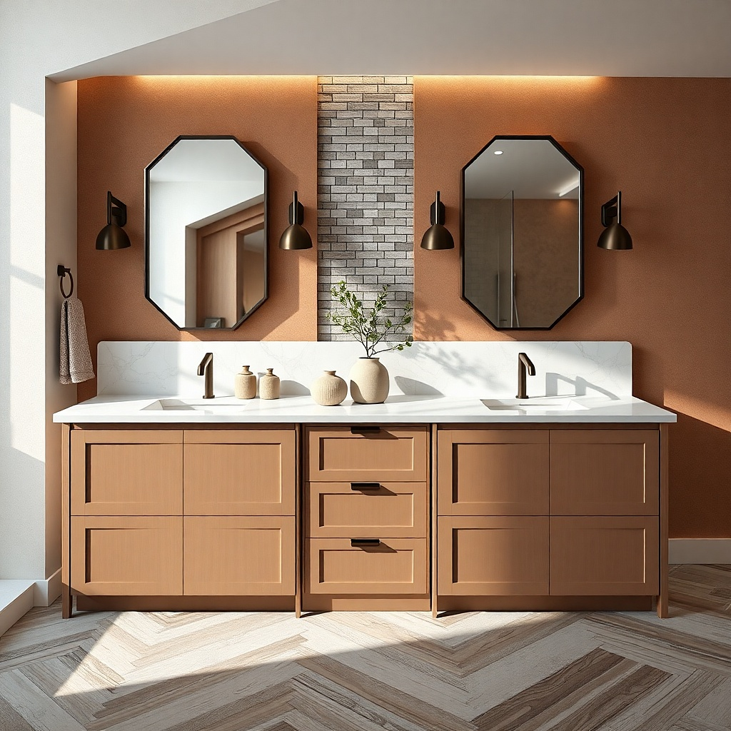 Double vanity with two sinks and a slim center gap between cabinet sections