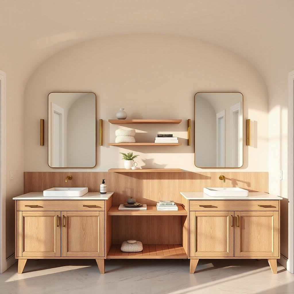 Double vanity with open shelves in the middle and two side drawers