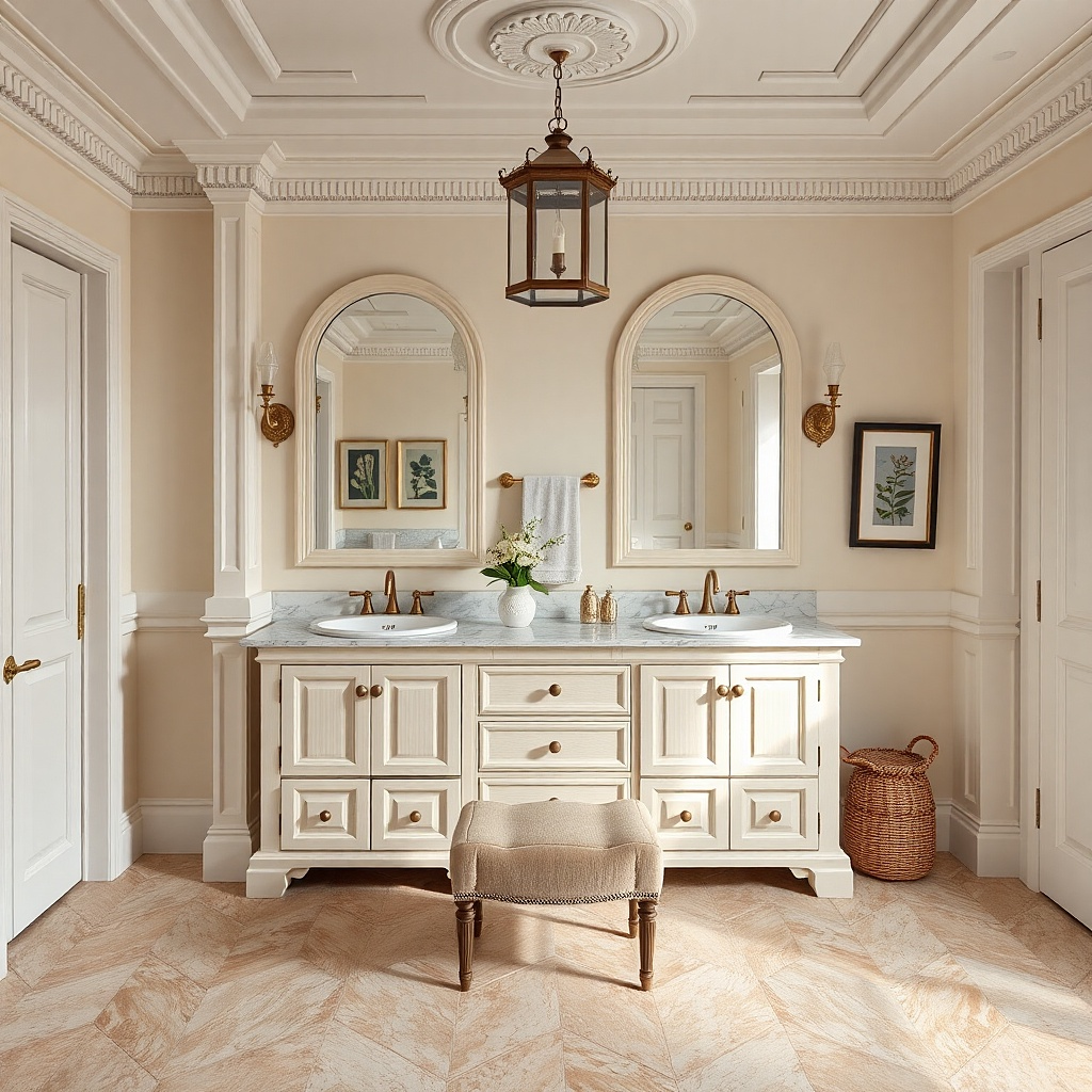 Double vanity with beaded-panel cabinet doors and two sinks