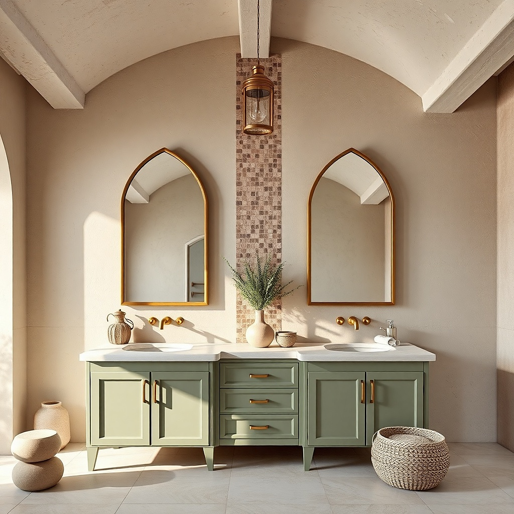 Soft sage double vanity with brass faucets and light countertop