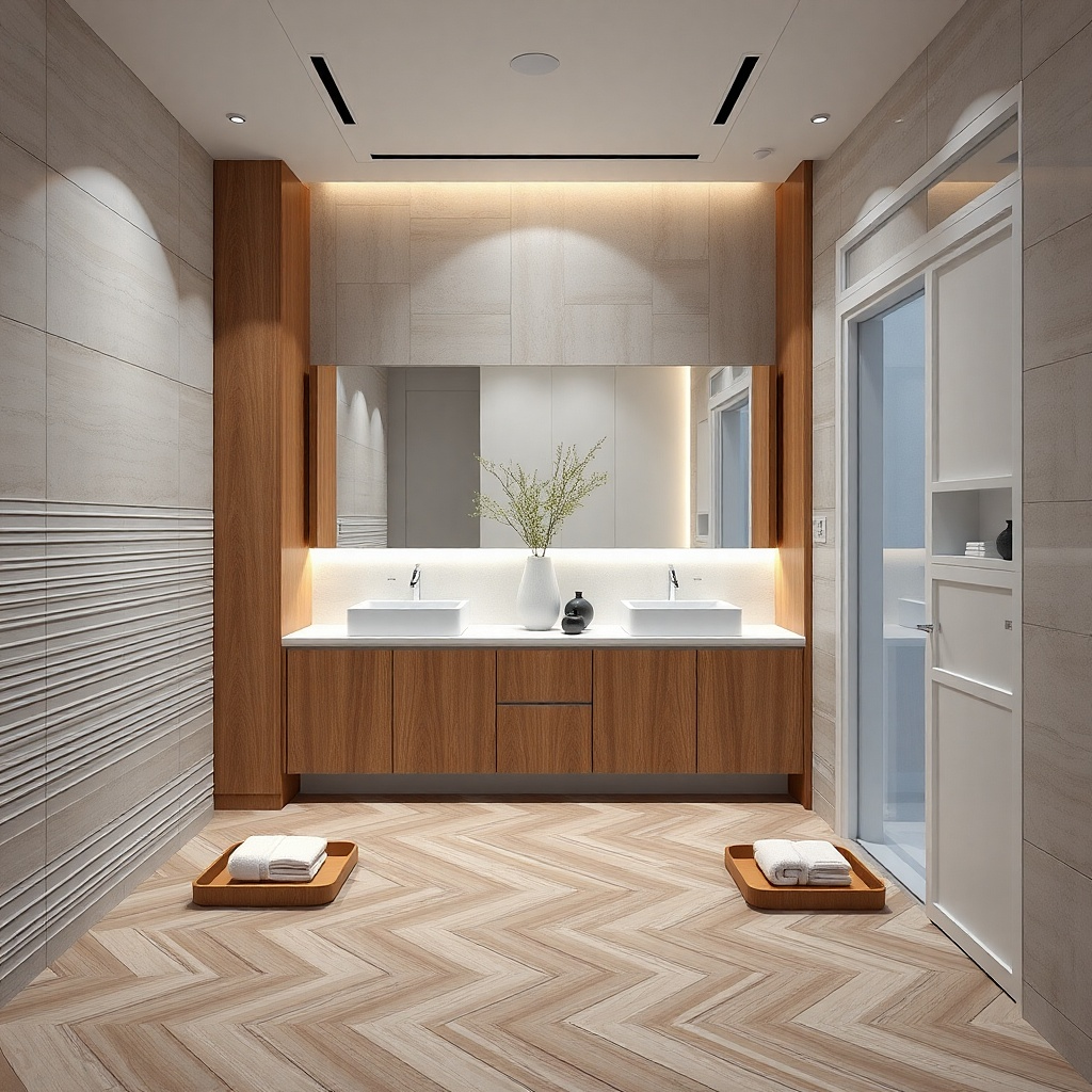 Slim double vanity with tall cabinets on the ends and two mirrors