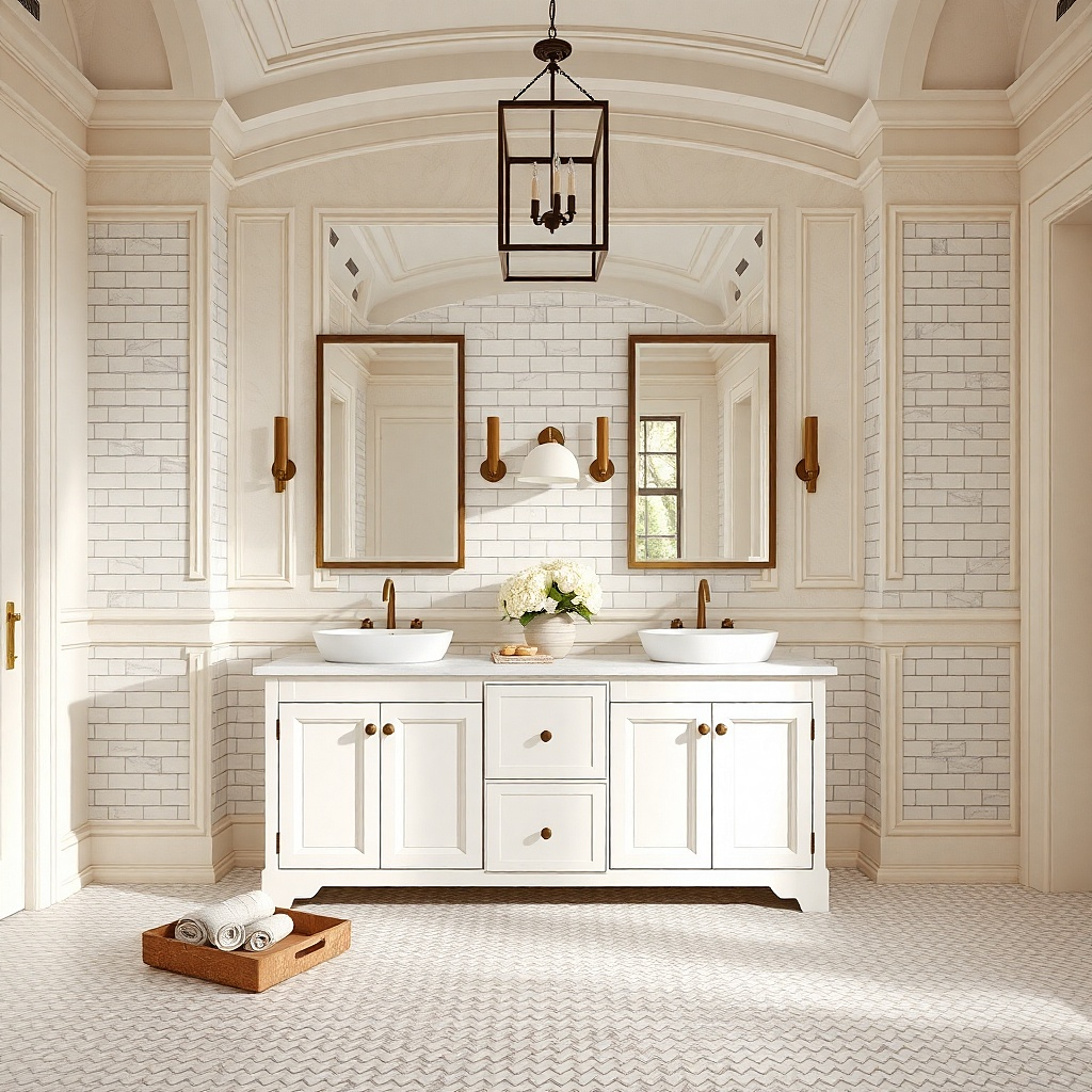 Double vanity with a white tile backsplash and two sinks