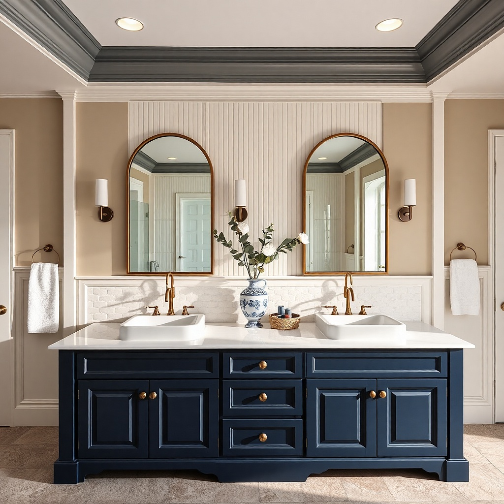 Dark blue double vanity with white quartz-look countertop and brass hardware