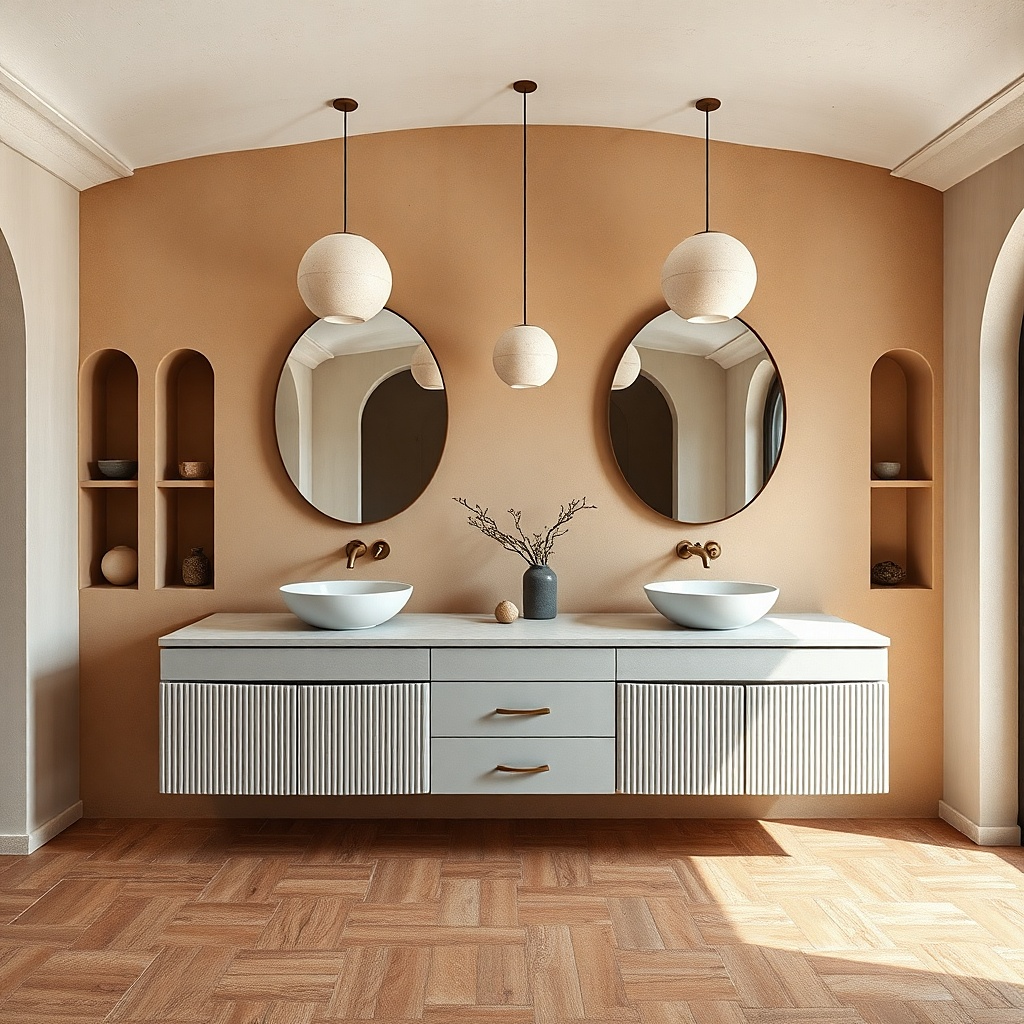 Light gray double vanity with cement-look patterned countertop and two sinks