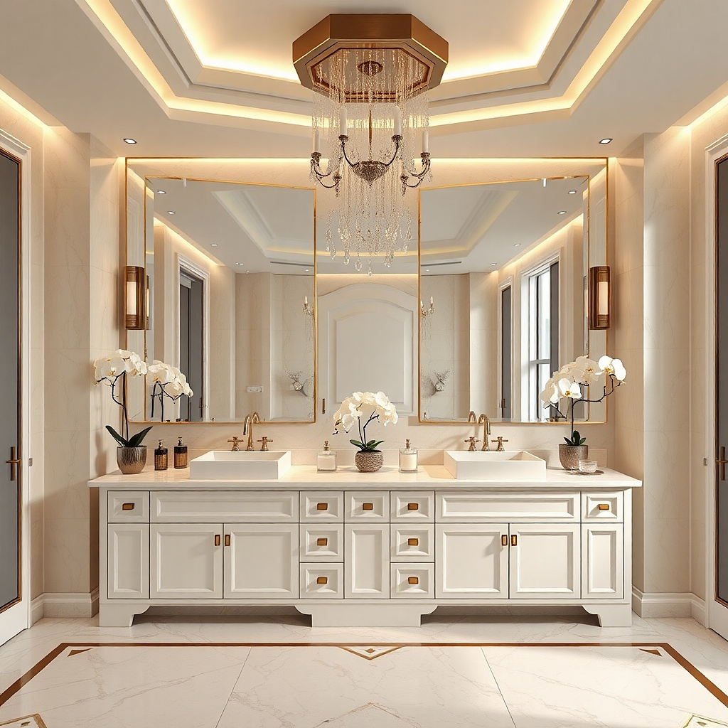Double vanity with mirrored cabinet doors and two sinks