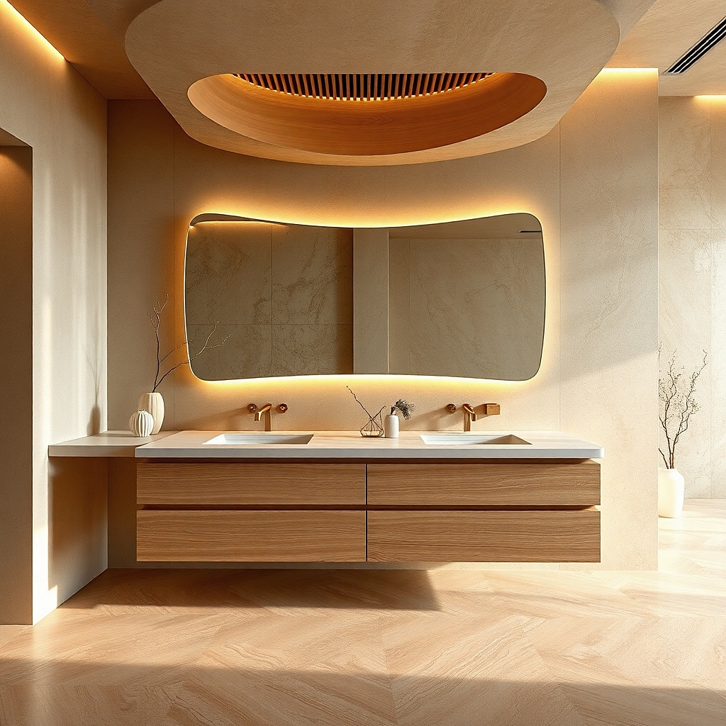 Floating double vanity mounted to the wall with two sinks and open space below