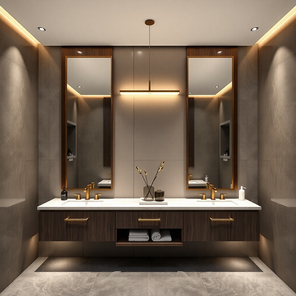 Double vanity with two mirrors and one long light bar over both sinks