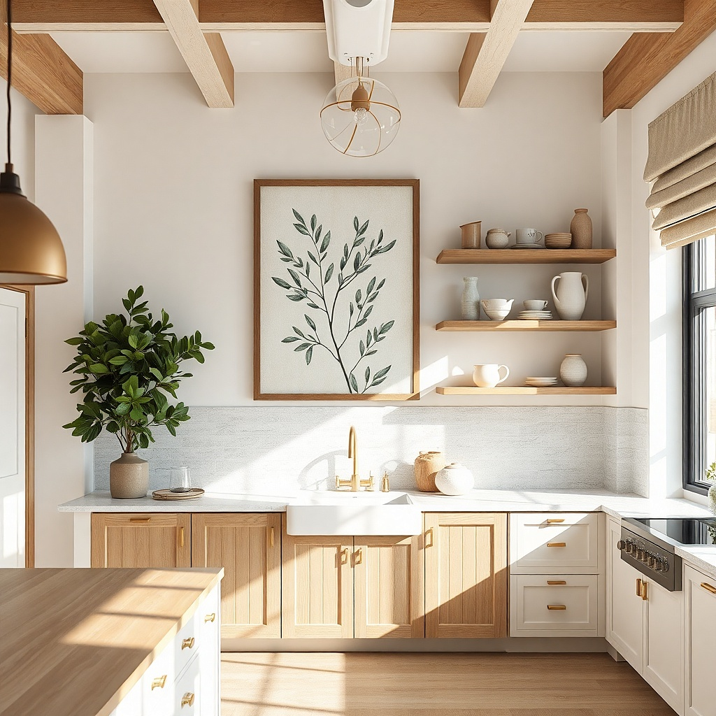Large botanical print in a warm wood frame above a kitchen counter