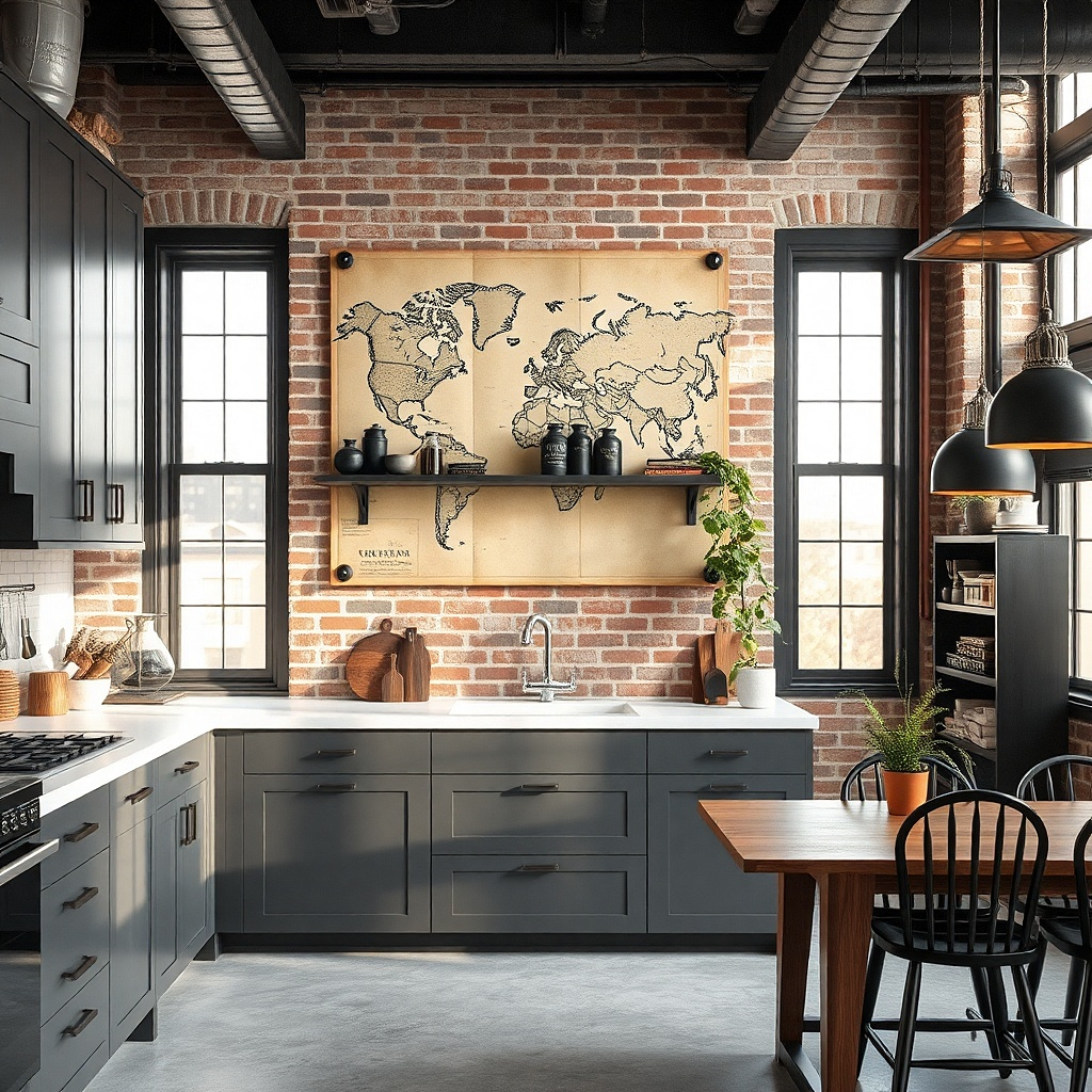 Framed kitchen map print with a small black shelf below it