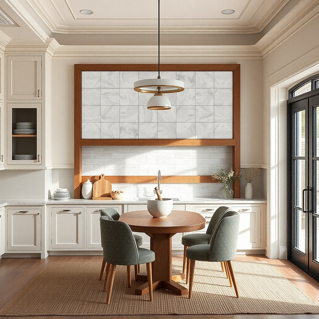 Framed faux subway tile pattern print on a kitchen wall