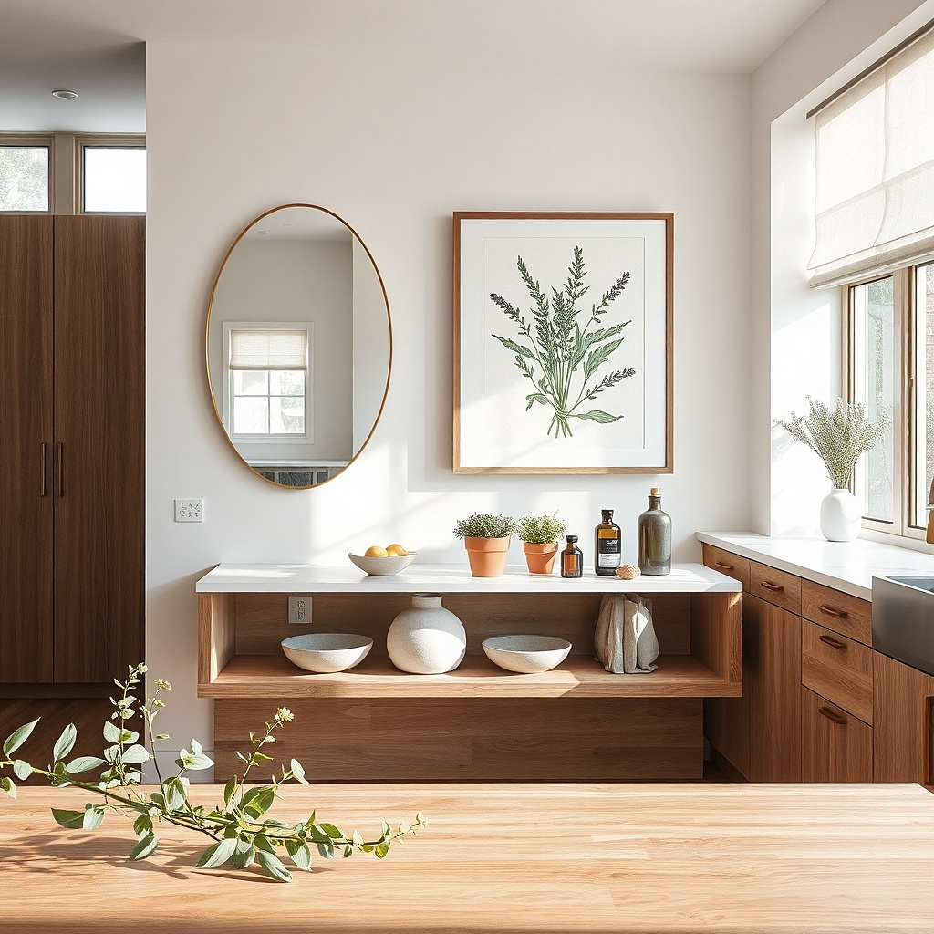 Oval mirror with a small herb illustration print beside it on a kitchen wall