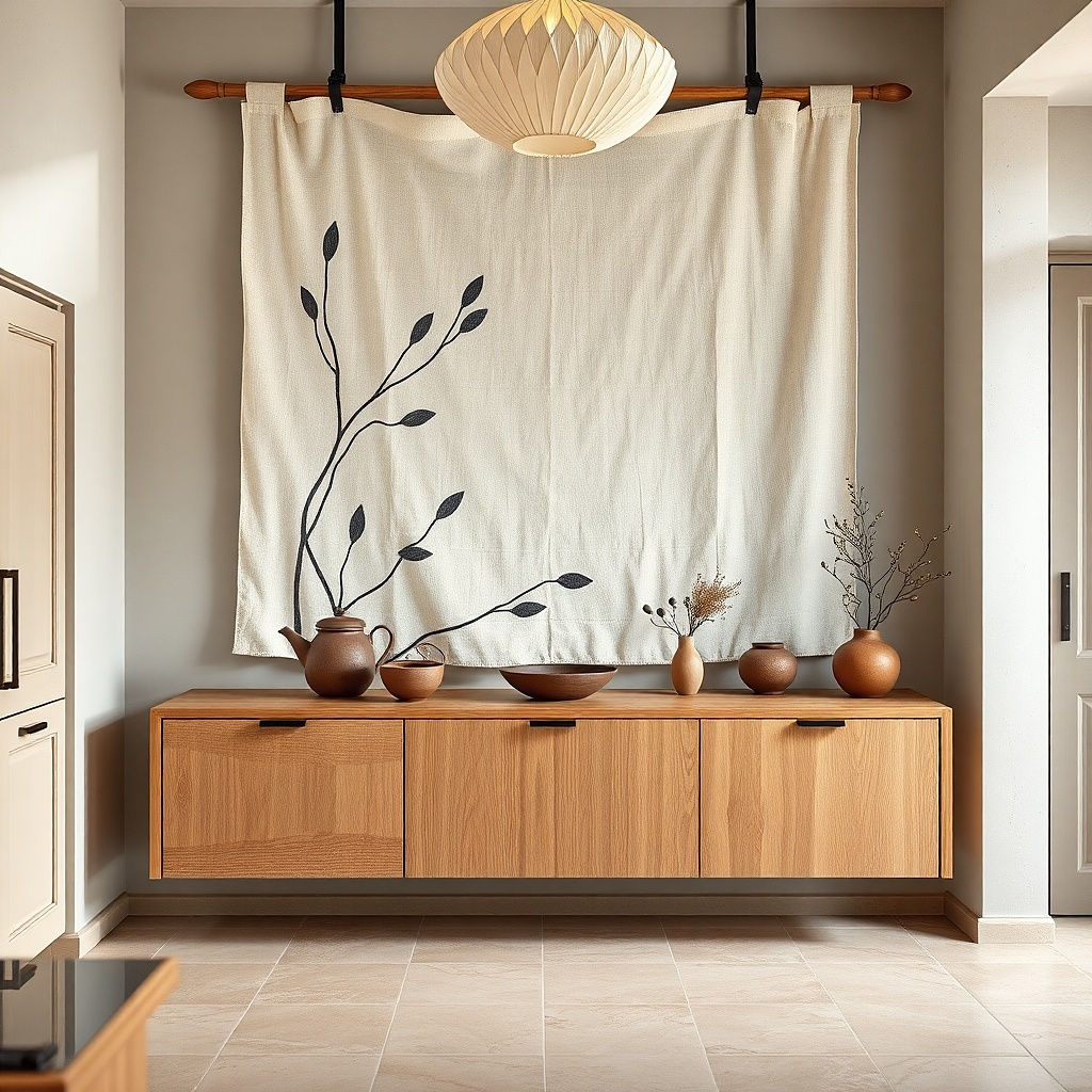 Linen-look wall hanging with simple kitchen line art hung on a blank wall