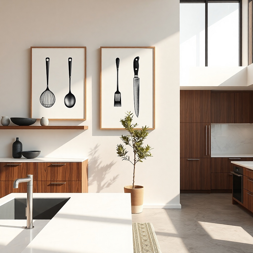 Two vertical black-and-white utensil silhouette prints in matching frames