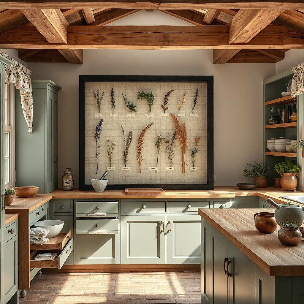Black shadowbox with pressed herbs arranged neatly on a kitchen wall