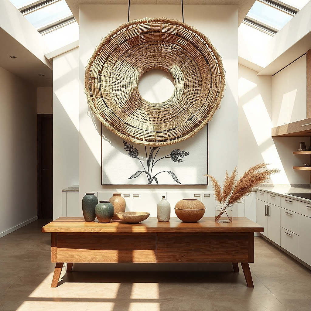 Woven basket hung with a monochrome print behind it on a kitchen wall