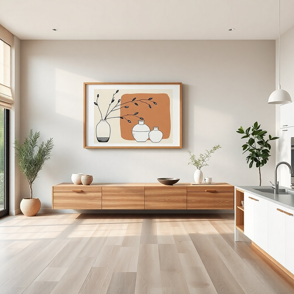 Modern color-block line art framed in black hung on a kitchen wall