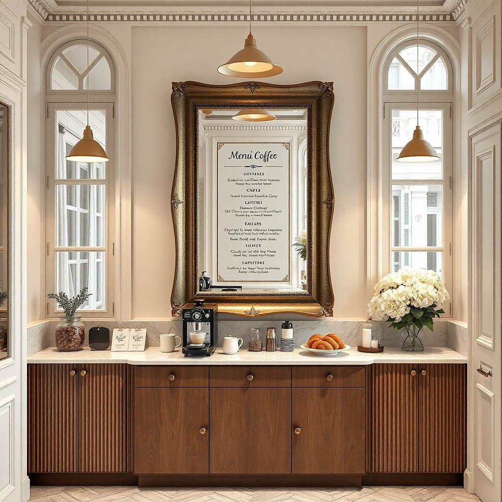 Decorative mirrored tray mounted on wall with simple menu typography beneath