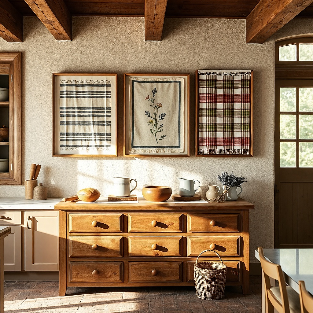 Two matching frames with fabric scraps arranged like a patchwork on a kitchen wall