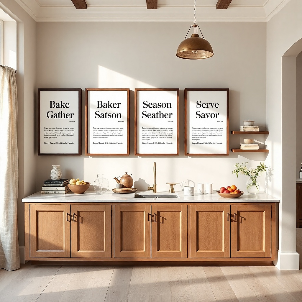 Three matching frames with kitchen typography hung in a clean spaced row