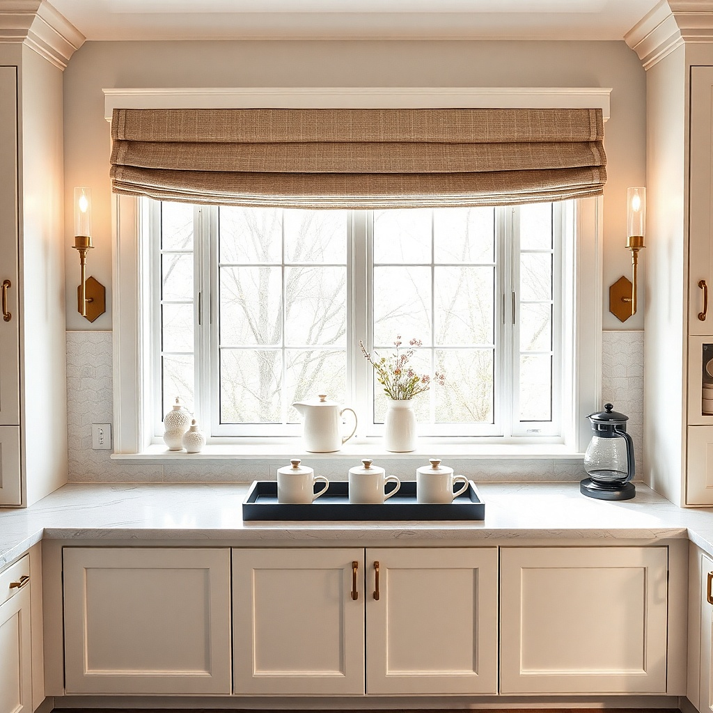 Matte black tray with three glazed ceramic canisters on a kitchen window sill