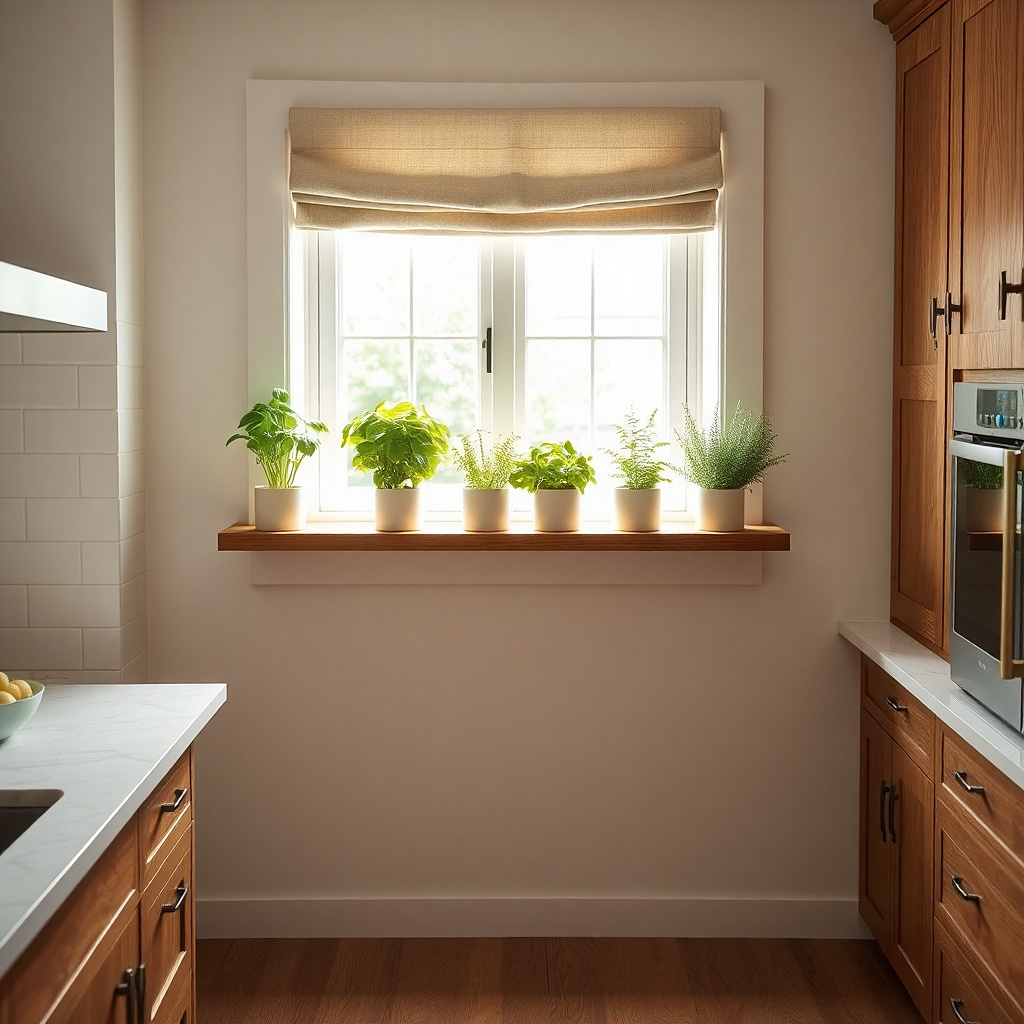 White-washed wood shelf on window sill with small plant and covered candle
