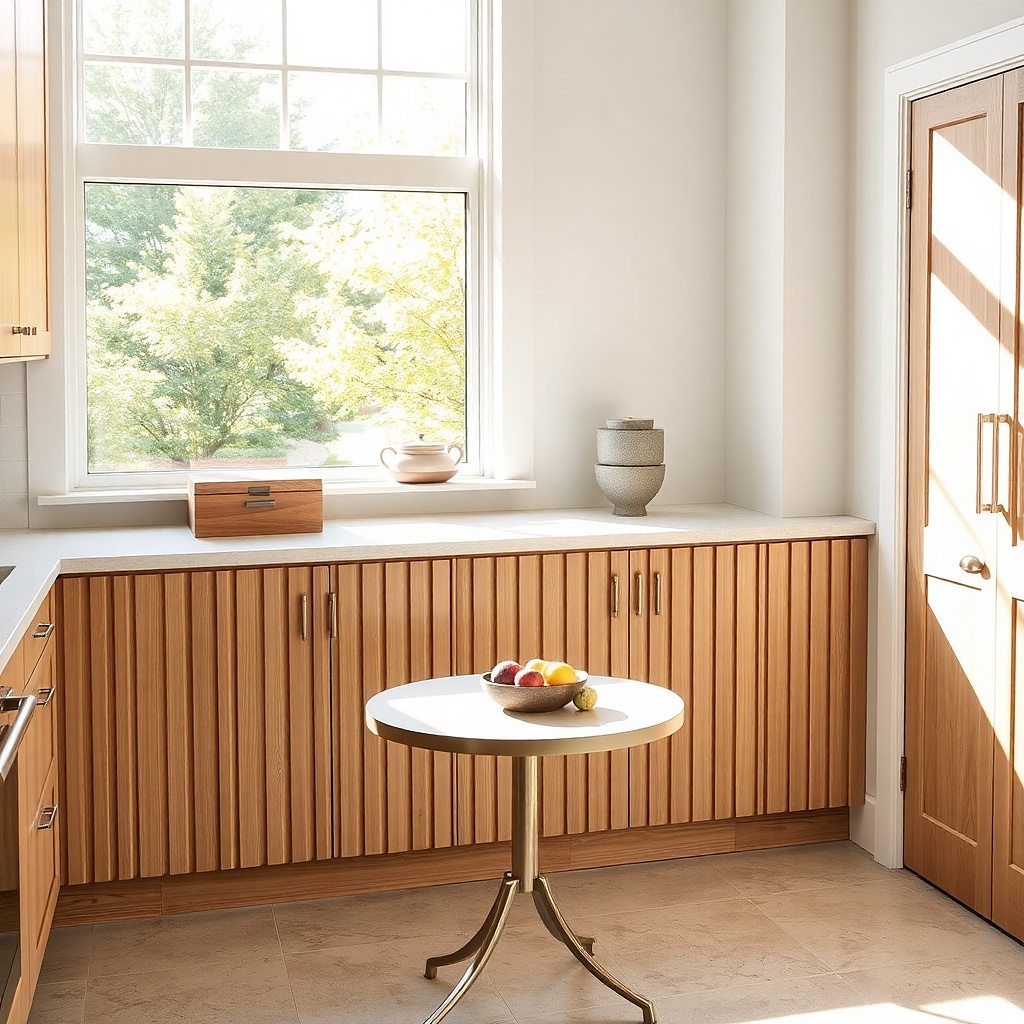 Stone-look contact paper on sill with tiered stand holding fruit and bread